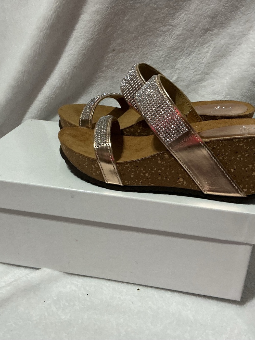 Andrew Stevens Metallic Rose Gold Wedge Sandals with Rhinestone Straps